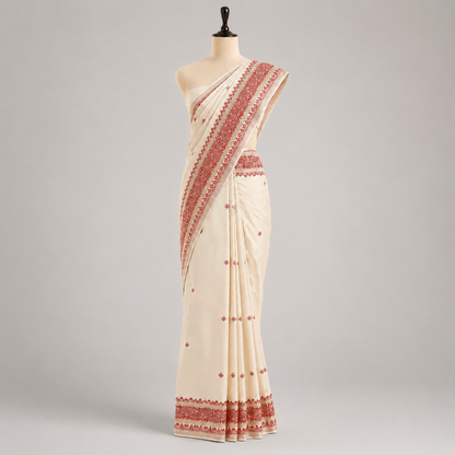 Ivory Cream Saree with Red Floral Embroidered Border