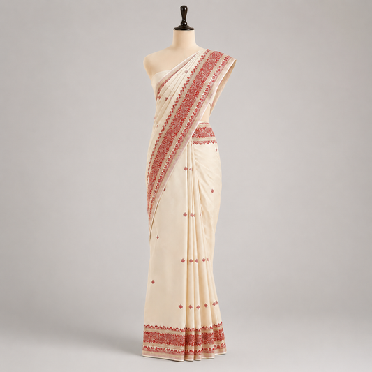 Ivory Cream Saree with Red Floral Embroidered Border