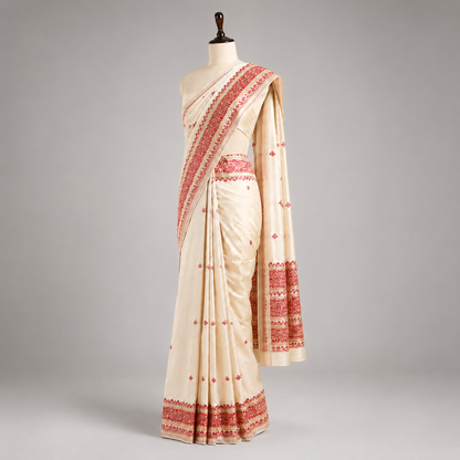 Ivory Cream Saree with Red Floral Embroidered Border