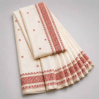 Ivory Cream Saree with Red Floral Embroidered Border