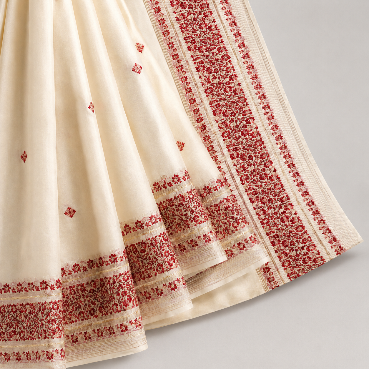 Ivory Cream Saree with Red Floral Embroidered Border