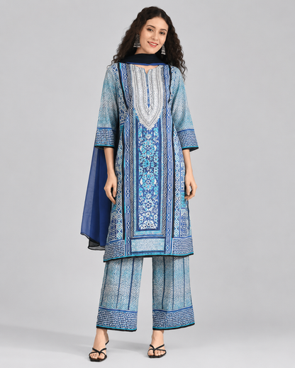 Blue Printed Kurta Palazzo Set with Navy Dupatta