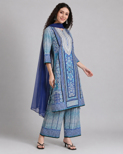 Blue Printed Kurta Palazzo Set with Navy Dupatta