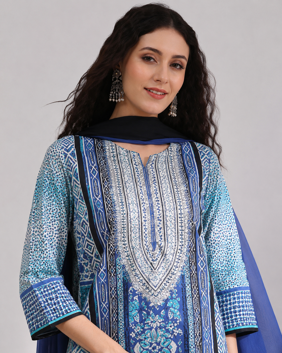 Blue Printed Kurta Palazzo Set with Navy Dupatta