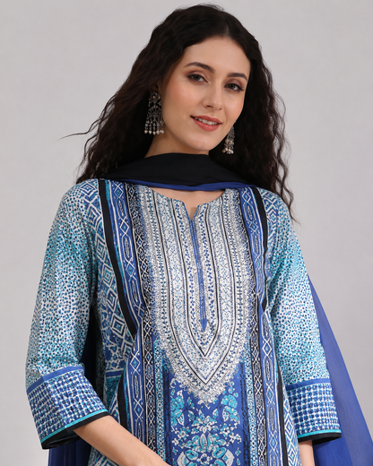 Blue Printed Kurta Palazzo Set with Navy Dupatta