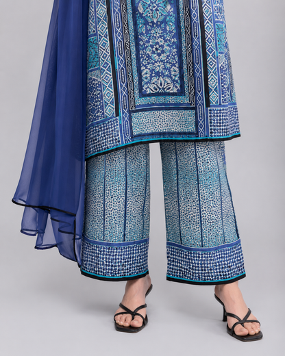 Blue Printed Kurta Palazzo Set with Navy Dupatta