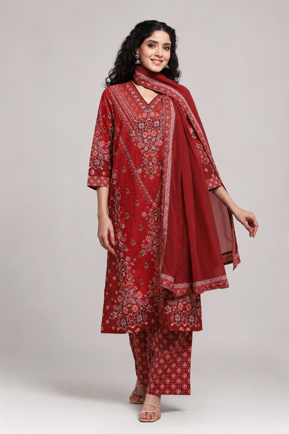 Rust Red Printed Kurta Palazzo Set with Matching Dupatta