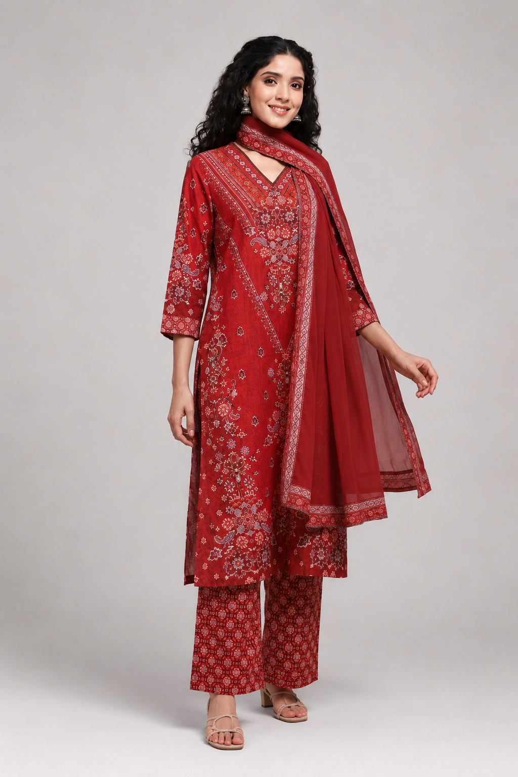 Rust Red Printed Kurta Palazzo Set with Matching Dupatta