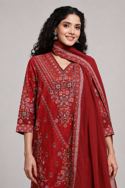 Rust Red Printed Kurta Palazzo Set with Matching Dupatta