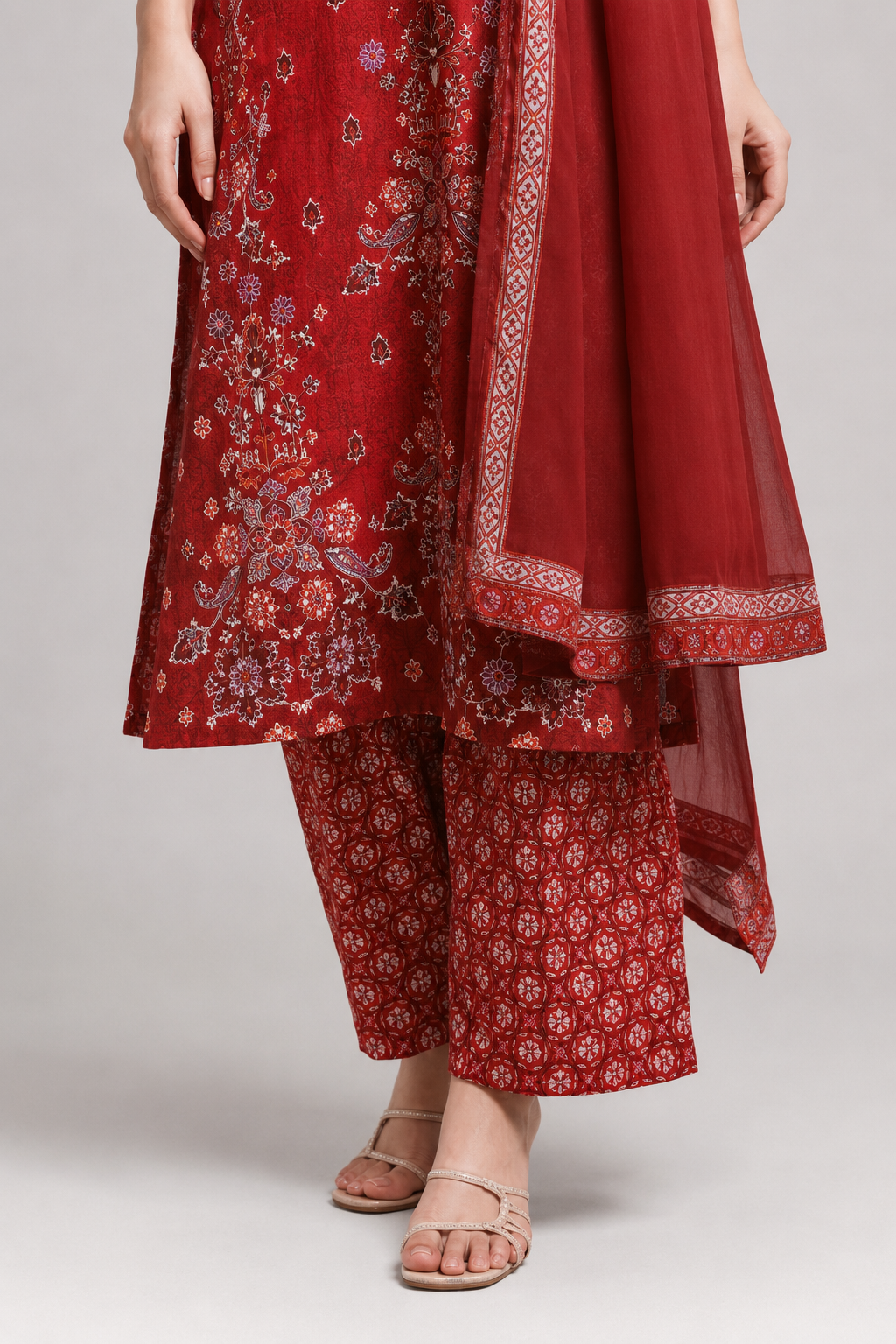 Rust Red Printed Kurta Palazzo Set with Matching Dupatta