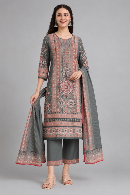 Grey Printed Kurta Palazzo Set with Matching Dupatta