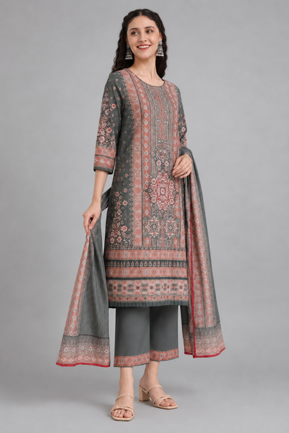 Grey Printed Kurta Palazzo Set with Matching Dupatta