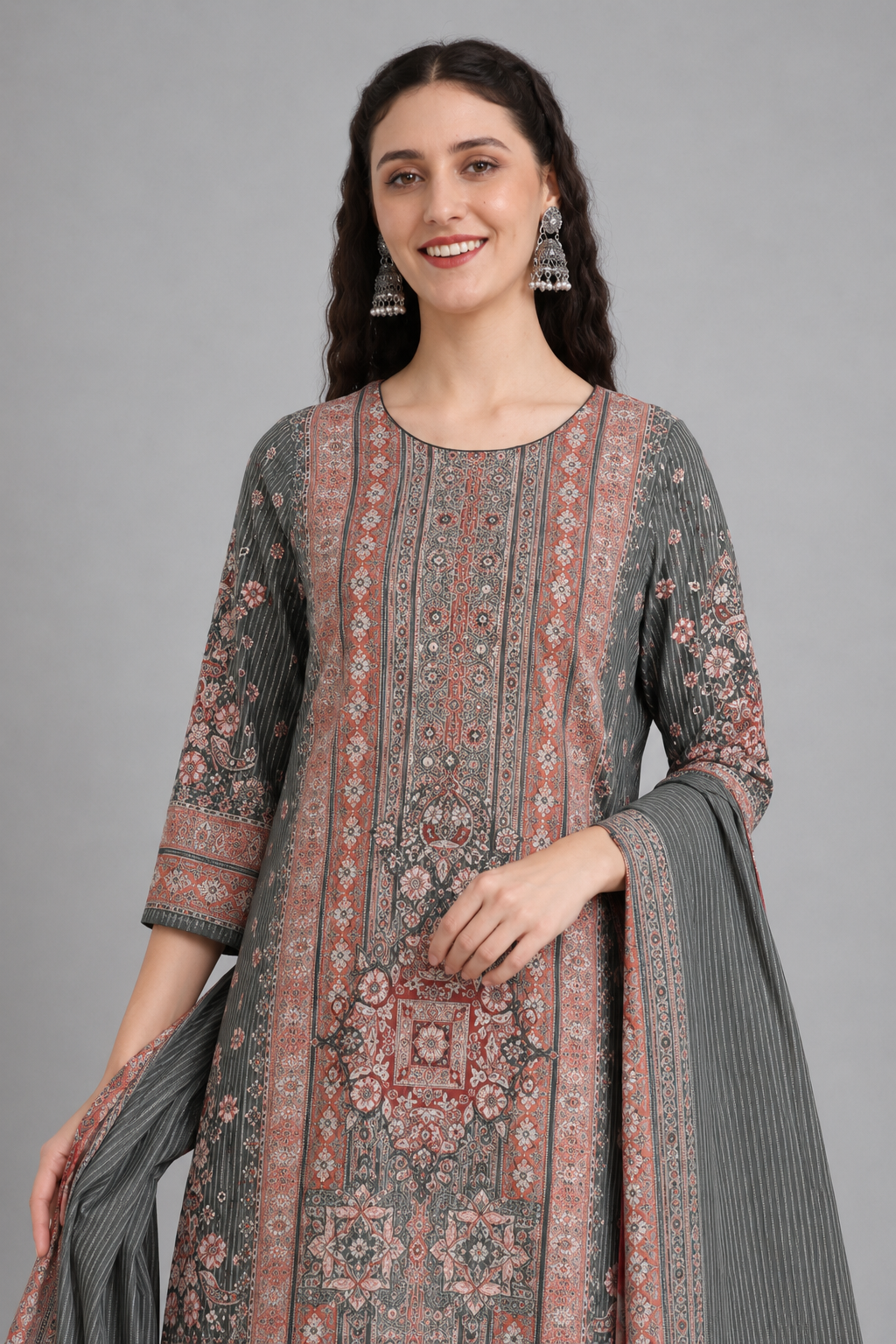 Grey Printed Kurta Palazzo Set with Matching Dupatta
