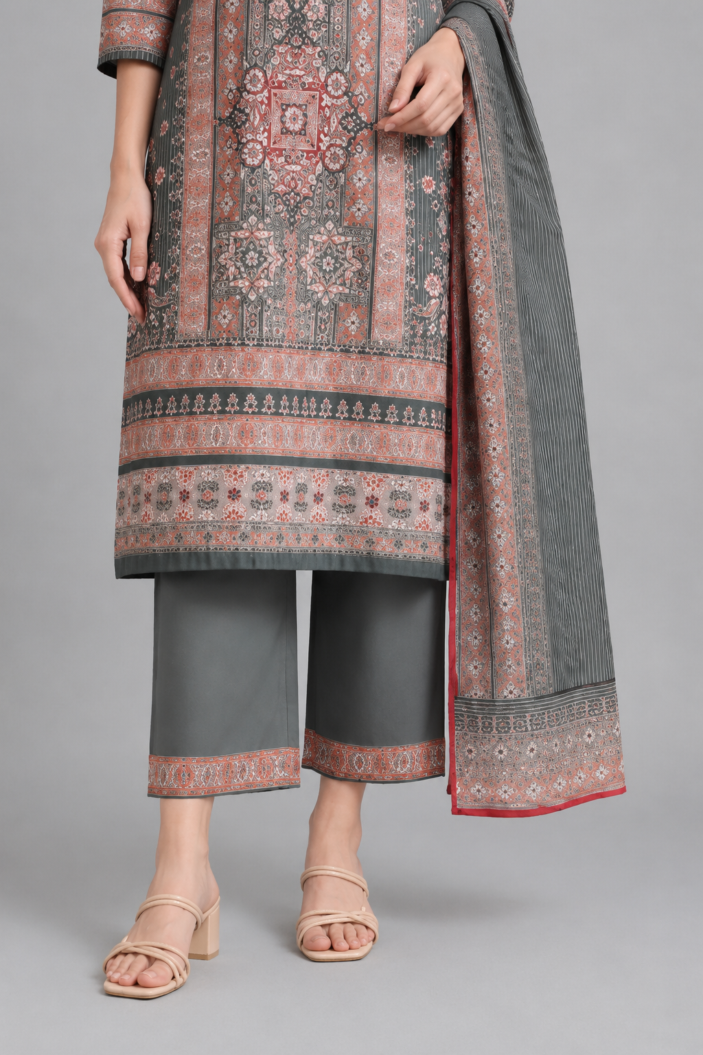 Grey Printed Kurta Palazzo Set with Matching Dupatta