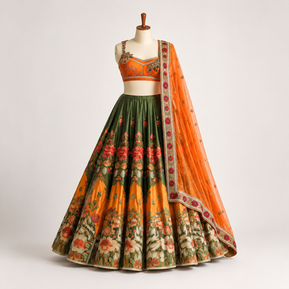 Orange & Olive Green Floral Embroidered Lehenga Choli with Dupatta