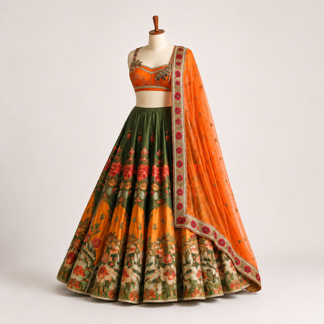 Orange & Olive Green Floral Embroidered Lehenga Choli with Dupatta