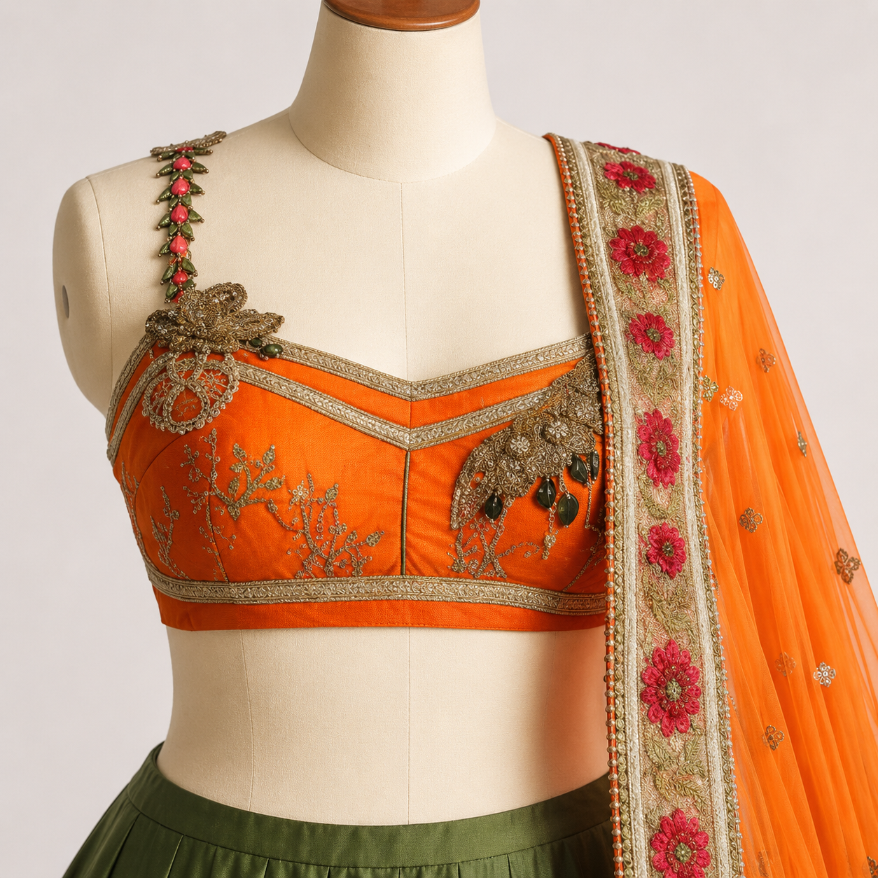 Orange & Olive Green Floral Embroidered Lehenga Choli with Dupatta