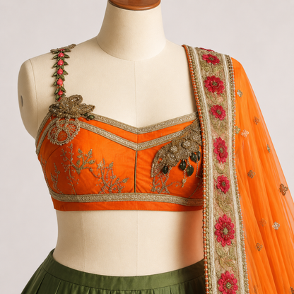 Orange & Olive Green Floral Embroidered Lehenga Choli with Dupatta