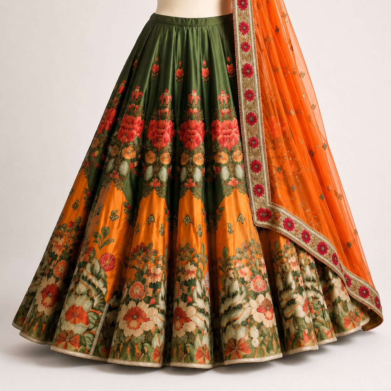 Orange & Olive Green Floral Embroidered Lehenga Choli with Dupatta