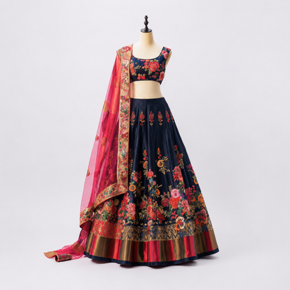 Navy Blue Floral Embroidered Lehenga Choli with Pink Dupatta
