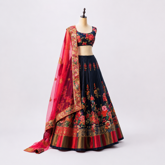 Navy Blue Floral Embroidered Lehenga Choli with Pink Dupatta