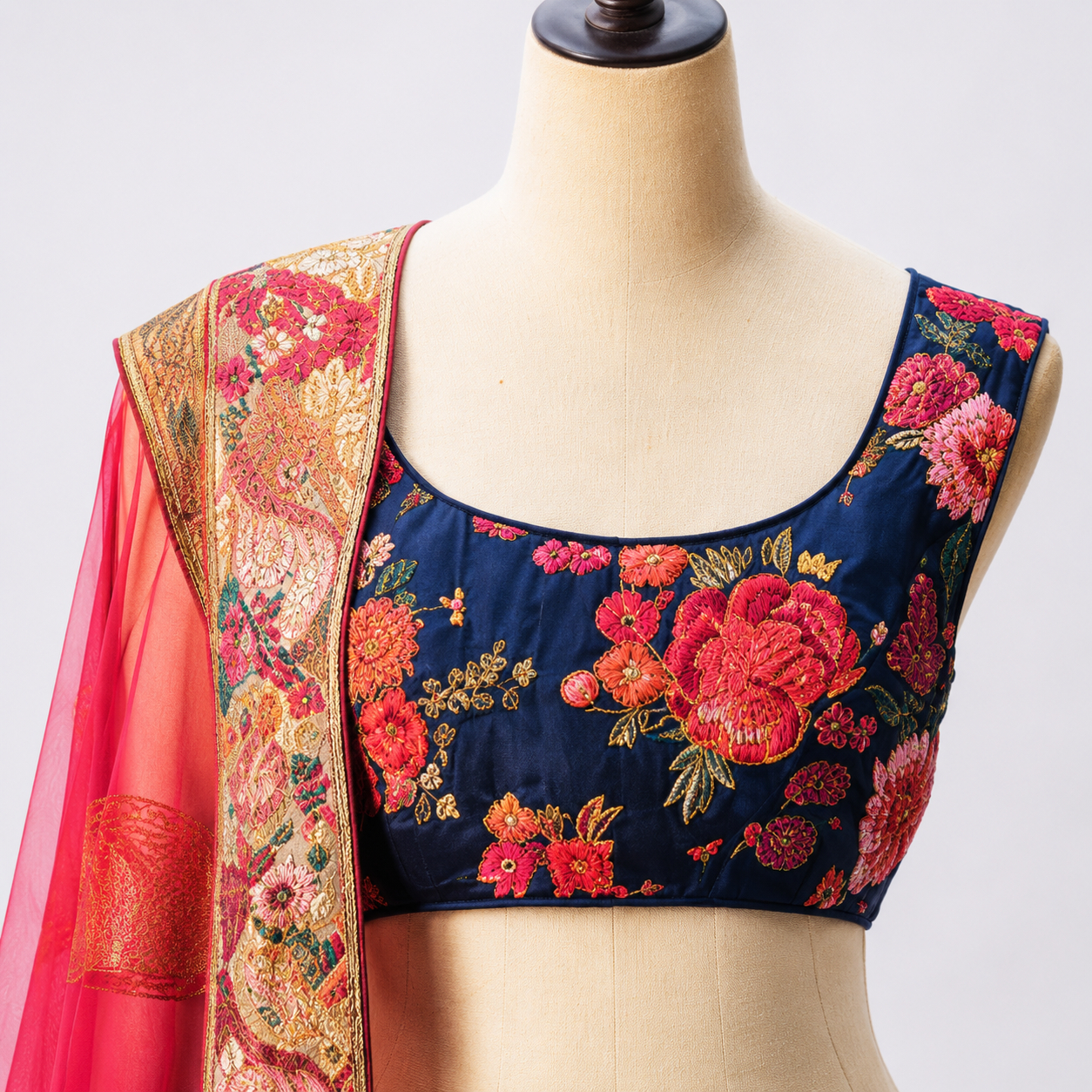 Navy Blue Floral Embroidered Lehenga Choli with Pink Dupatta