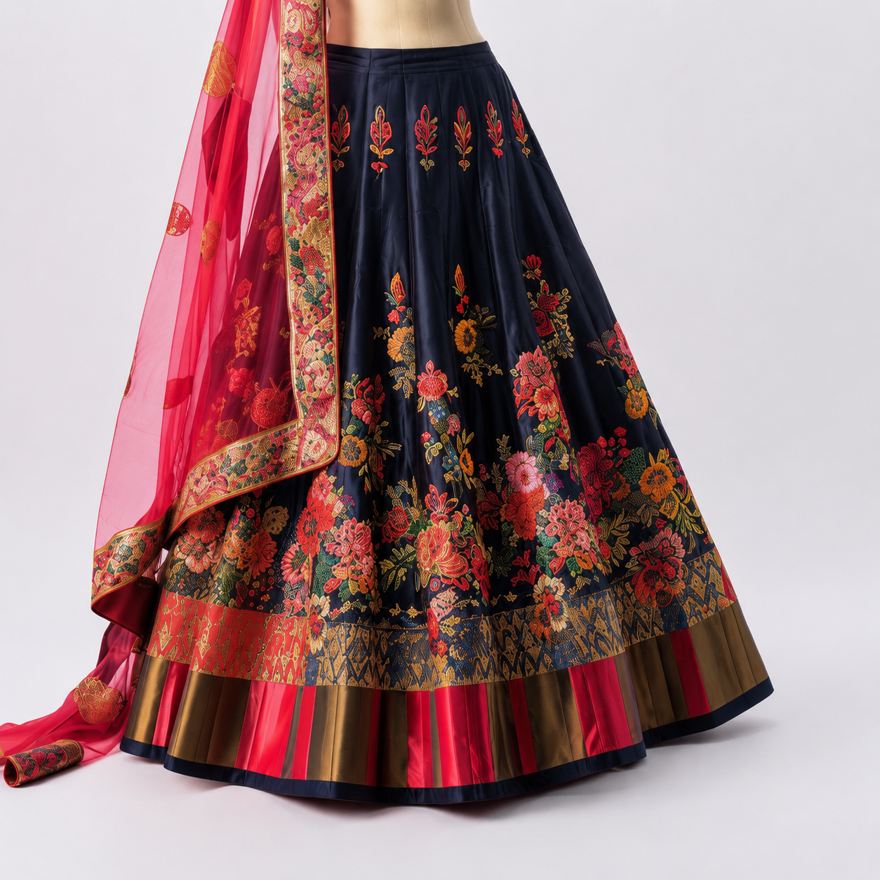 Navy Blue Floral Embroidered Lehenga Choli with Pink Dupatta