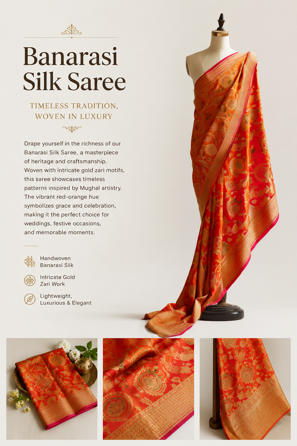 Royal Orange Banarsi Silk Saree with Golden Zari Work