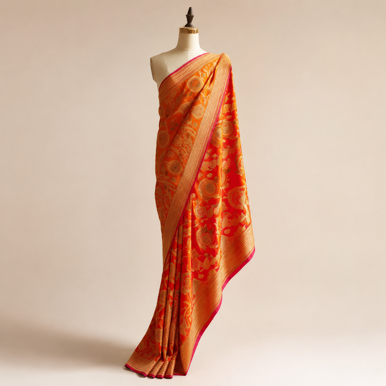 Royal Orange Banarsi Silk Saree with Golden Zari Work