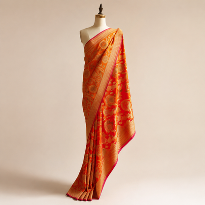 Royal Orange Banarsi Silk Saree with Golden Zari Work