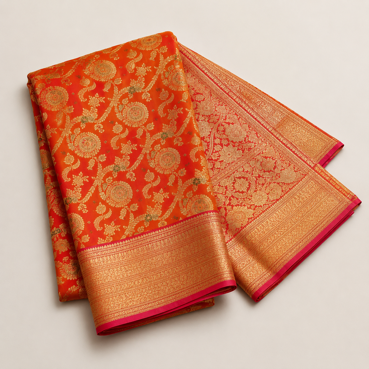 Royal Orange Banarsi Silk Saree with Golden Zari Work