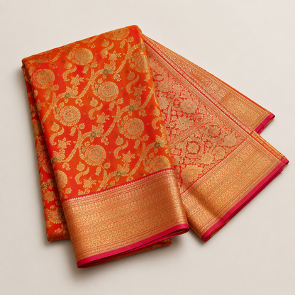 Royal Orange Banarsi Silk Saree with Golden Zari Work