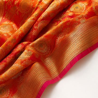 Royal Orange Banarsi Silk Saree with Golden Zari Work
