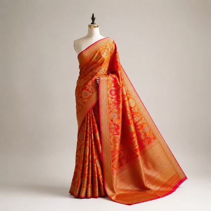 Royal Orange Banarsi Silk Saree with Golden Zari Work