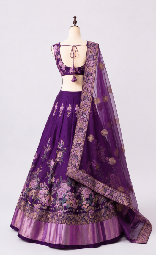 Orange & Olive Green Floral Embroidered Lehenga Choli with Dupatta