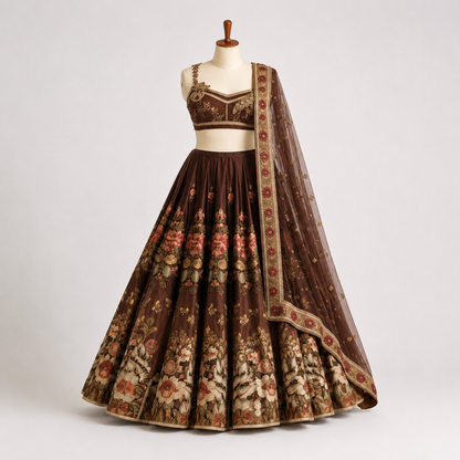 Navy Blue Floral Embroidered Lehenga Choli with Pink Dupatta