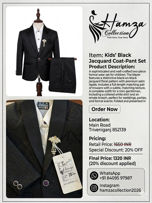 kids Black Jacquard Coat-Pant Set