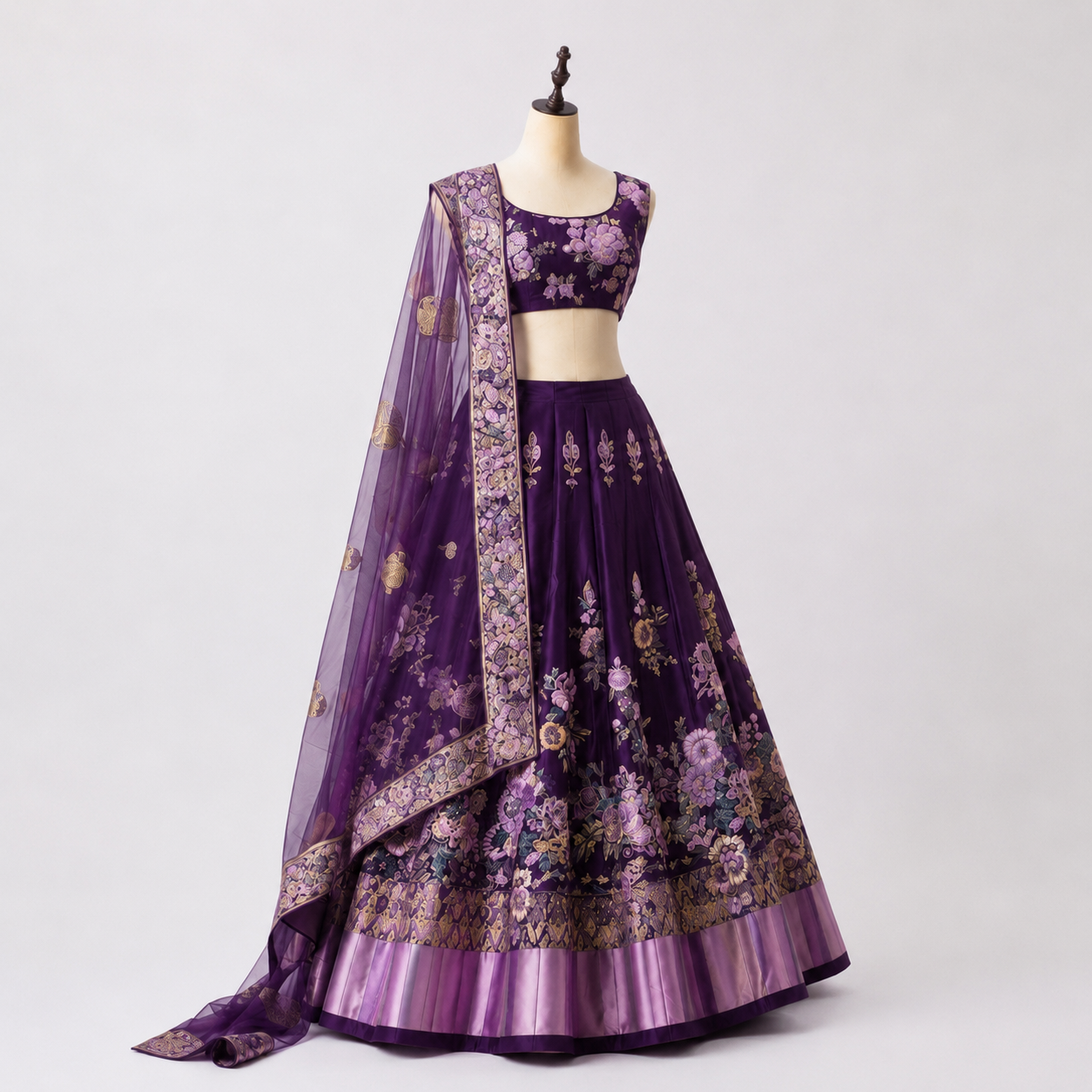 Orange & Olive Green Floral Embroidered Lehenga Choli with Dupatta