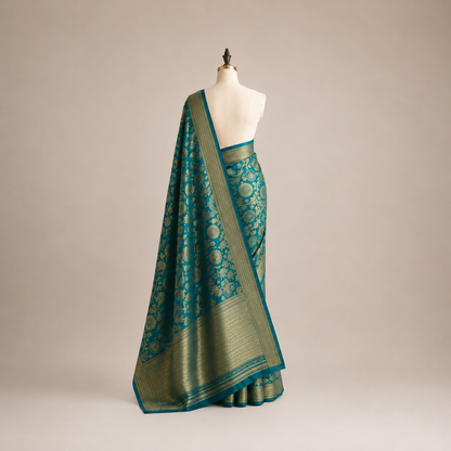 Royal Orange Banarsi Silk Saree with Golden Zari Work
