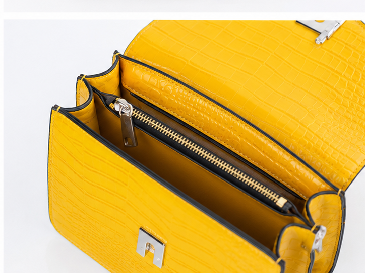 Luxury Croc-Embossed Structured Top Handle Handbag for Women – Bright Yellow
